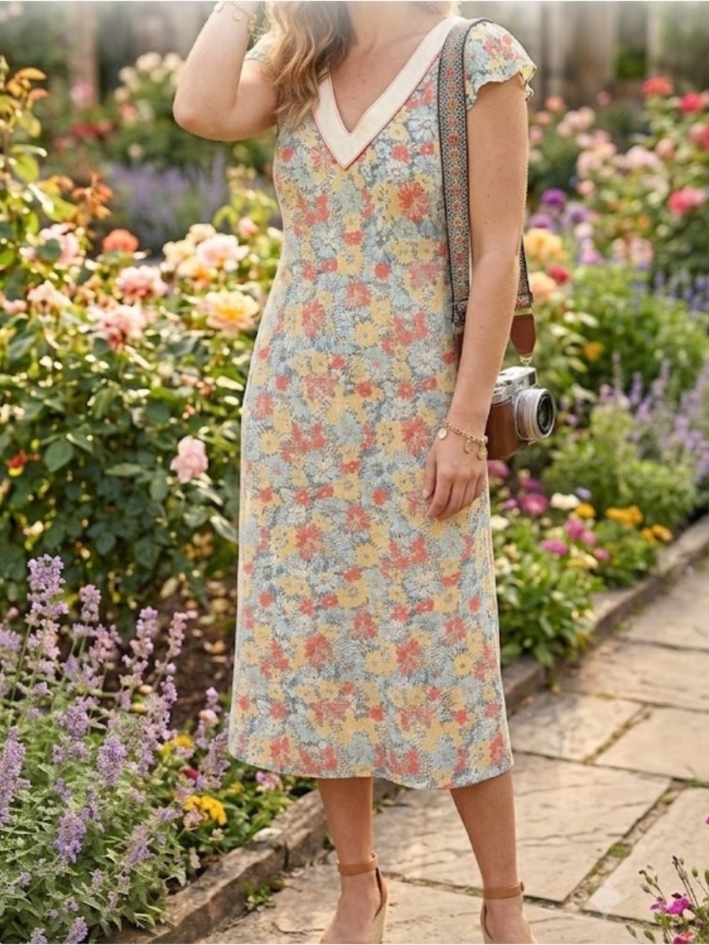 Lauren Moffatt floral silk midi dress vintage inspired v-neck lined cap sleeve 6
